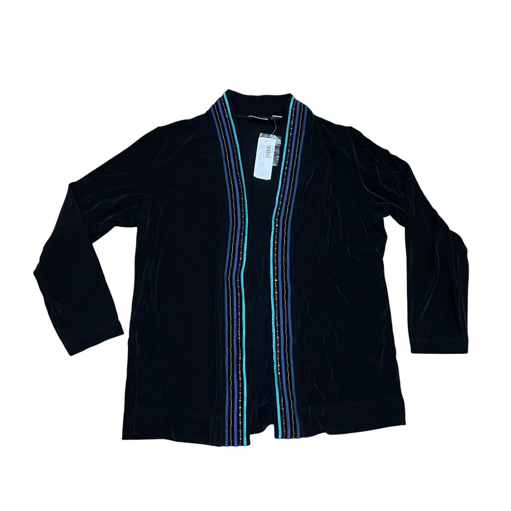 Chico's Travelers Tillie Embroidery Native Jacket Black Beaded Open Front Size 3